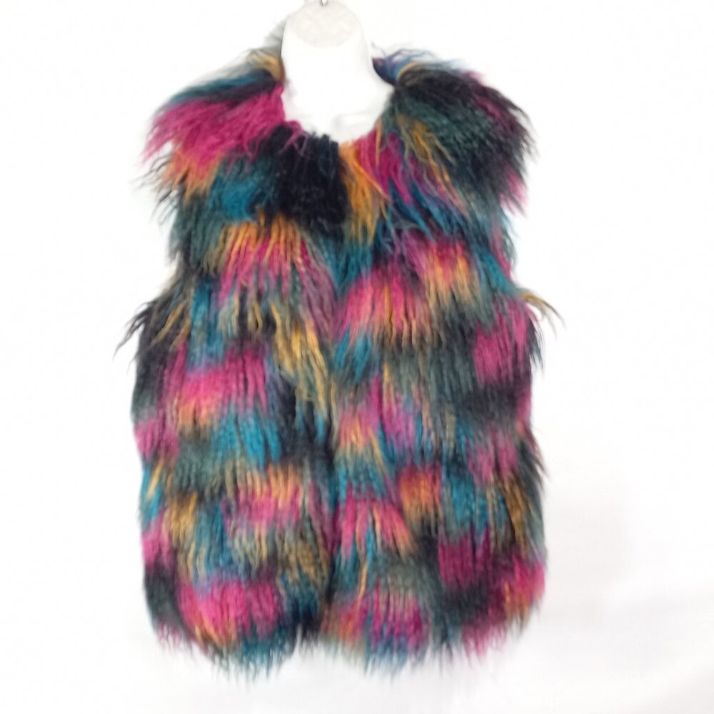 INC International Concepts Women M/L Open Vest Top Multicolor Rainbow Faux Fur
